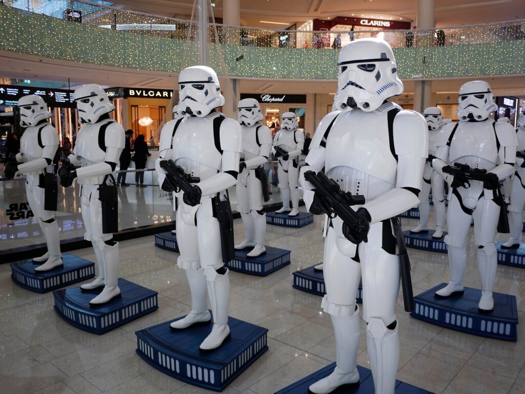 Life-size mode storm troopers lined up in a Dubia Mall.