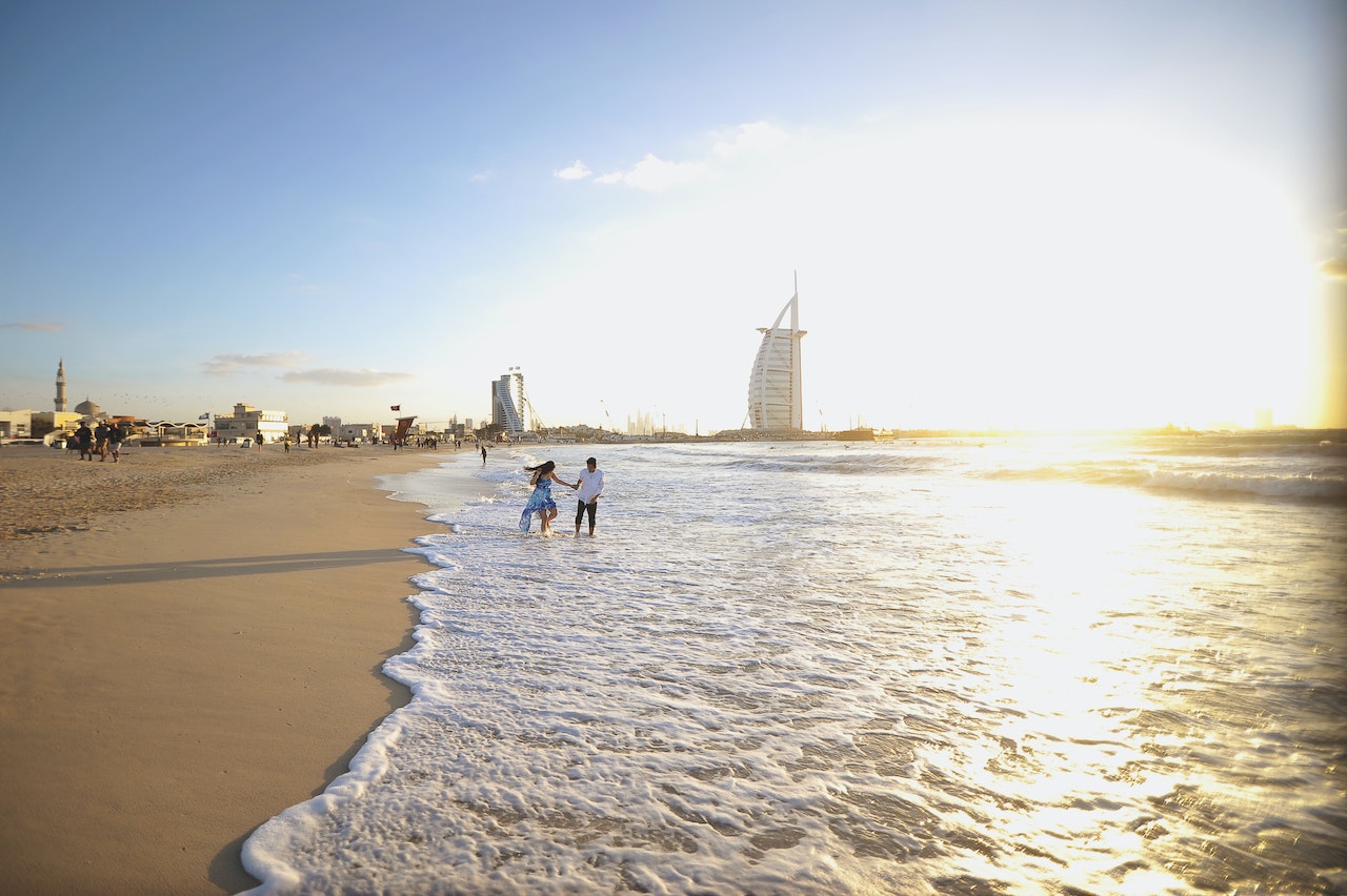 The sun shines on the beach in Dubai